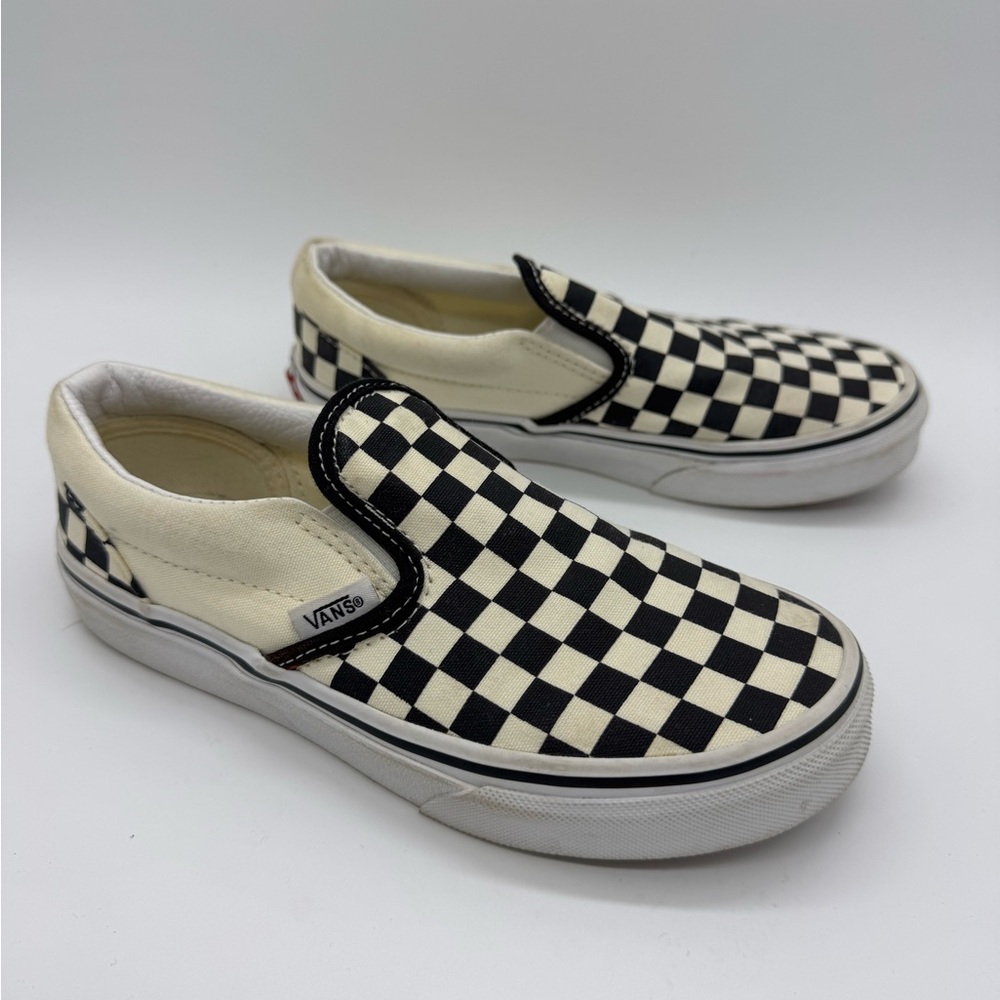 Vans Canvas Black & White Checkerboard Skate Shoe Sneaker Slip on Kids Sz 2